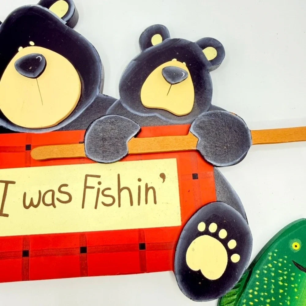 Rustic Wood Black Bear Fishing Wall Decor Wishin I was Fishin Cabin Lodge Sign